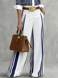 Yeezzi Women Formal Fashion Matching Set Contrast Color Striped Long Sleeve Lapel Blouse Wide Leg Full Length Pants 2 Piece Sets