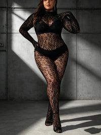 Plus Size Leopard Print Full Body Mesh Bodysuit Long Sleeve Gloves Footed Fishnet Sexy Lingerie Jumpsuit