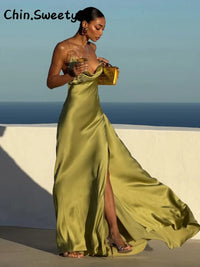 Sexy Women'S Solid Satin Backless Halter Long Dress Ribbon Sleeveless Slit Female Dresses 2026 Summer Lady Chic Evening Robes