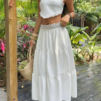 Women Stylish Summer Two Piece Set Lace Trim Cami Top and Tiered Maxi Skirt Boho Female Versatile Date Vacation Party Beachwear