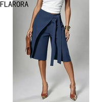 Fashion Irregular Overlay Patchwork Knee Length Pants Woman Solid Bandage Wide Leg Pants Office Lady Matching Bottoms