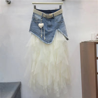 Denim Patchwork Mesh Skirt for Women Summer High Waist A-Line Midi Skirt Daily Streetwear Slim Fit A-Line Half Skirts