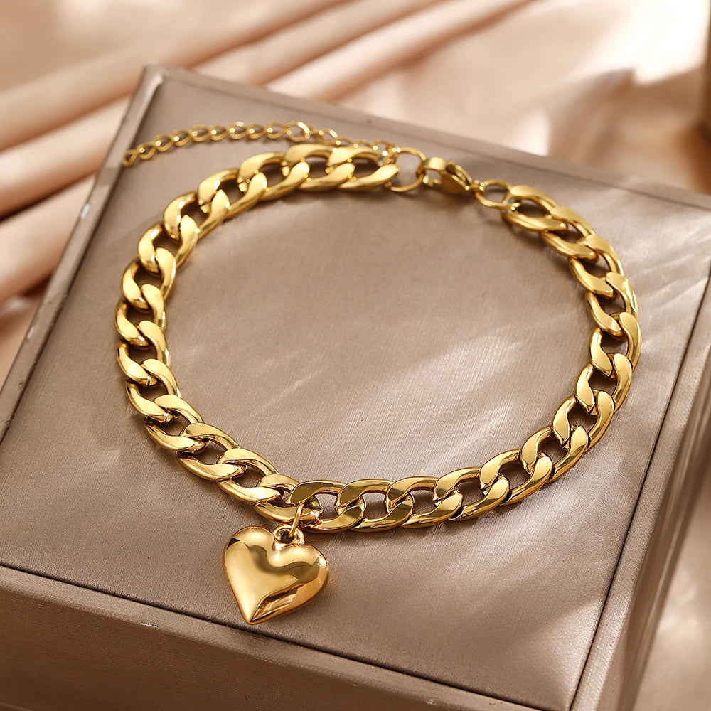 DGIDDK Stainless Steel Heart Pendant Ankle Chain for Women, Simple and Fashionable Cuban Chain, Summer Beach Ankle Jewellery