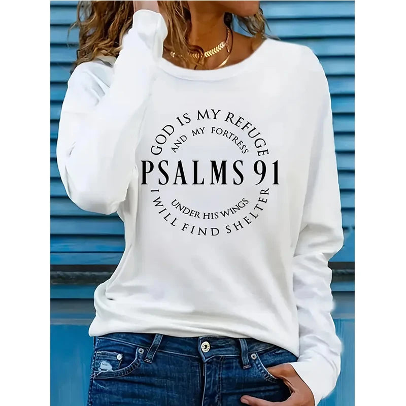 Women'S Inspirational Psalms 91 Verse Long Sleeve T-Shirt Casual Crew Neck Women T Shirt All Seasons Graphic Sweater Clothing
