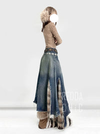 Reddachic Irregular Patchwork Plaid Denim Skirt Women Do Old Gradient Overlay Waist Maxi Long Jeans Skirt Y2K Retro Streetwear