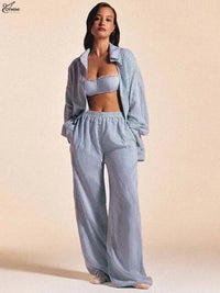 Oymimi Fashion Blue Print 3 Pieces Set for Woman Elegant Long Sleeve Button Shirts and Lace Bra + Pockets Straight Trousers Sets