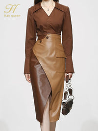 Autumn 2 Pieces Set Women Long Sleeve + High Waist Contrast Color Pencil Skirts Casual Simple Office Lady Skirt Suit