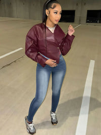 PU Leather Women Jackets Cool Simple Solid Full Sleeve Irregular Lapel Slim Crop Coats Female Casual Streetwear Outwear
