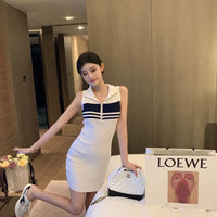 Korean Style Women Lady Dresses Knit Sleeveless Half Zipper Vestidos Sexi Slim Streetwear Stripe Party Polo Nigh Club Hip Dress