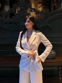 Lapel Coat Long Pant Suit Women Elegant Full Sleeve Waist Cinching Blazer Wide-Leg Pants Set Fashion Lady Daily Commute Outfit
