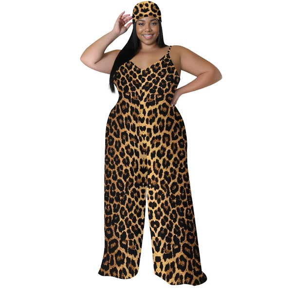 Plus Size Animal Print Jumpsuit - Strapless Wide Leg Romper with Scarf, Sexy Palazzo Pants for Women