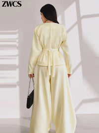 Elegant Waist-Cinching Blazer Pants Set Women'S Slim V-Neck Single-Breasted Pleated Coat Loose Wide Leg Trousers 2026 New Outfit