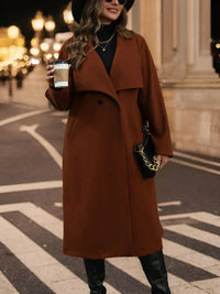 Caramel Brown Mid-Length Lapel Wool Blend Coat, Fall Winter Oversized Elegant Plus-Size Woolen Outerwear
