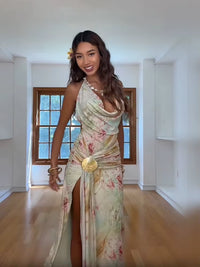 Sexy Floral Print Halter Neck Maxi Dress Women Deep V Neck Sleeveless High Slit Chiffon Bodycon Gown Summer Lady Vacation Robe
