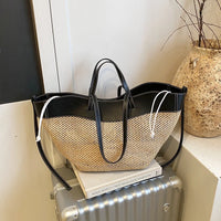 Women Large Faux Straw Woven Market Basket Tote Bag Color Block Drawstring Shoulder Crossbody Purse Summer Beach Vacation 2026