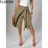 Fashion Irregular Overlay Patchwork Knee Length Pants Woman Solid Bandage Wide Leg Pants Office Lady Matching Bottoms