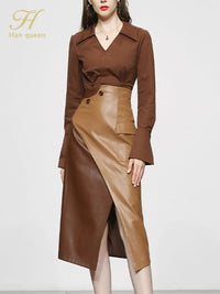 Autumn 2 Pieces Set Women Long Sleeve + High Waist Contrast Color Pencil Skirts Casual Simple Office Lady Skirt Suit