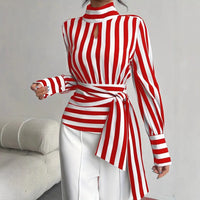 Fashion Baggy Stripes Women Blouse Elegant High Collar Long Sleeve Shirts and Blouses Vintage Girdle Lace-Up Top Women Clothes