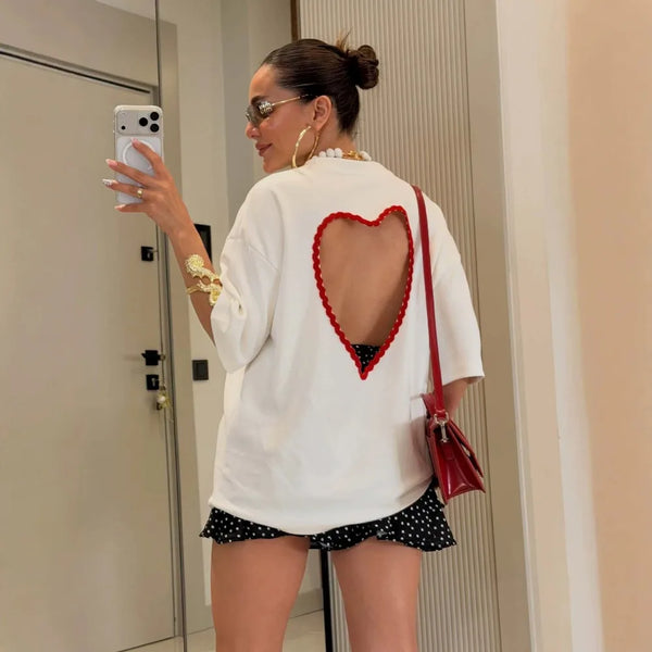 Sweet Back Heart Hollow Design Cotton T-Shirt Spring and Summer Women'S Trend Soft Daily Travel Casual O-Neck Short Sleeved Top