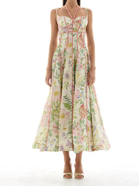 Fashion High Waist Evening Dress Lady Temperament Elegant Floral Printed Halter Dress Summer Sleeveless Slim Pleated Party Dress