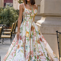 Fashion High Waist Evening Dress Lady Temperament Elegant Floral Printed Halter Dress Summer Sleeveless Slim Pleated Party Dress