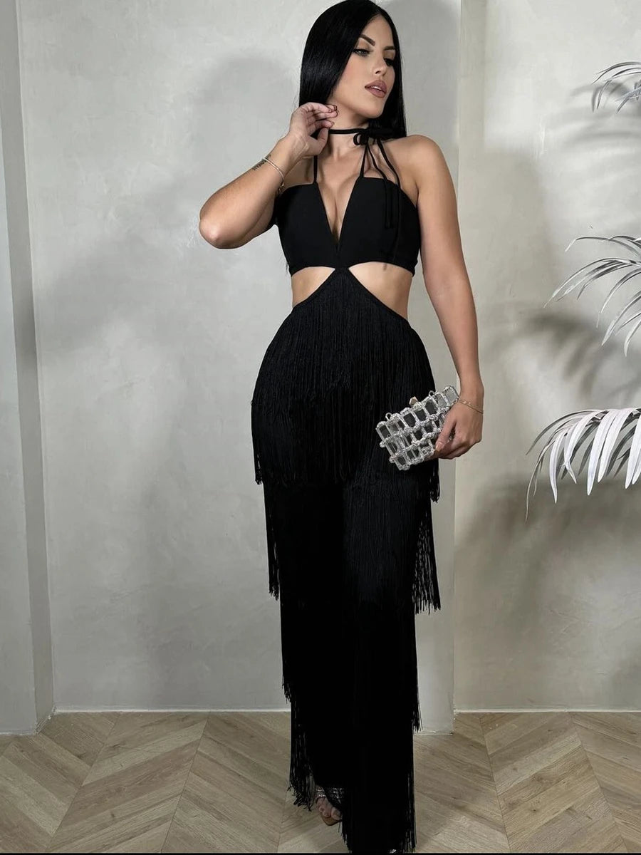 New Wowen Sexy Tassel Halter Bandag Jumpsuits Elegant Backless Sleeveless Slim Long Jumpsuit Fashion Night Party Vestidos