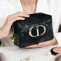Christian  ’S Bag Vintage Luxury Black Velvet Women Purse Embossed Gold Logo Multi-Use Clutch Handbag Portable Cosmetic