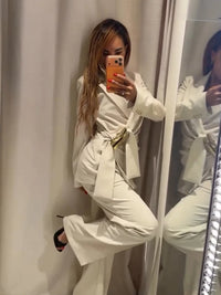 Lapel Coat Long Pant Suit Women Elegant Full Sleeve Waist Cinching Blazer Wide-Leg Pants Set Fashion Lady Daily Commute Outfit