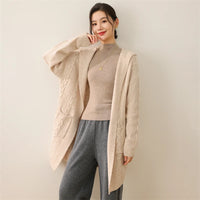 New Women 100% Merino Wool Knitted Solid Color Hodded Long with Two Pockets Cardigan Thick Comfortable Top Warm Soft Clothing