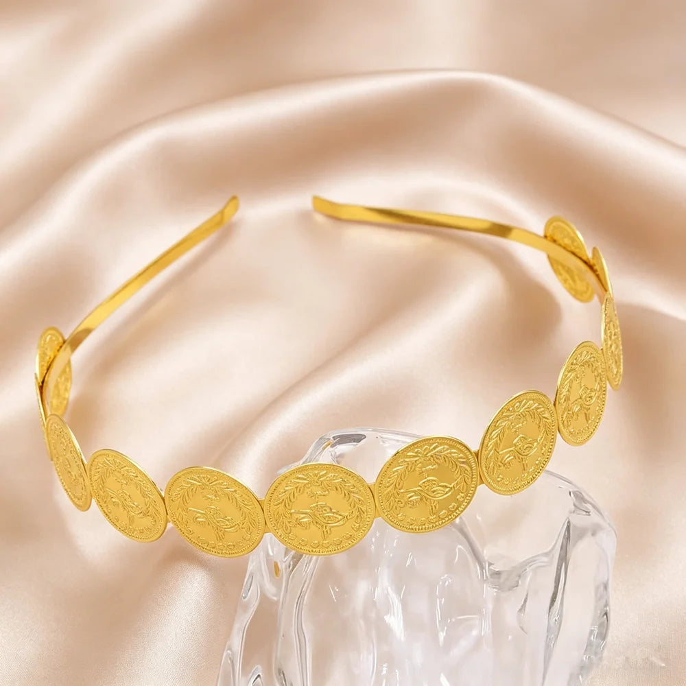 Vintage Golden Coin Headband for Women Engraved Coin Hair Hoop Arabic Ethnic Style Hair Accessory for Wedding Party