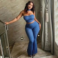 Women'S Dots Print Strapless Chest Wrapped Sleeveless Backless Super-Short Sexy Vest Tops Long Pants & Neck Scarf, 3 Piece Set