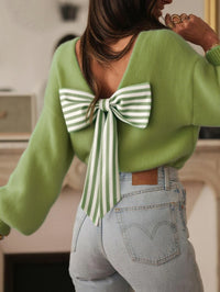 Spring Easter Fresh Fruit Green Knitted Sweater for Women with Large Bow on the Back, Striped Ribbon Decoration, V-Back, Loose Fit, Drop Shoulder, Long Sleeve Pullover, Soft and Cozy Knit, Gentle Vibe, Suitable for Par