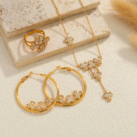 Kissmoon Shiny Zircon Heart Necklace Earrings Ring Jewelry Set for Women Stainless Steel Gold Color Fashion Stone Heart Set Gift