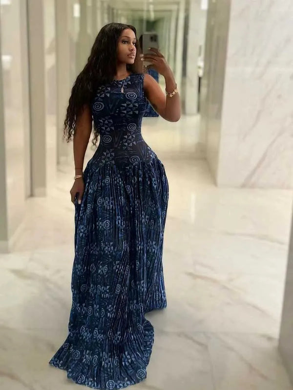 Sleeveless Dresses Woman High Waist Long Maxi Summer Dresses for Woman Royal Blue Casual Elegant Pleated Dress Sundresses