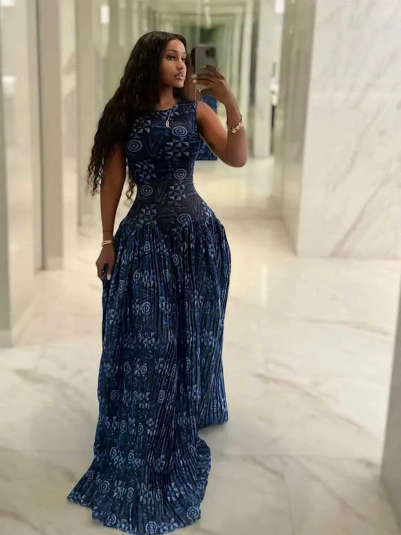 Sleeveless Dresses Woman High Waist Long Maxi Summer Dresses for Woman Royal Blue Casual Elegant Pleated Dress Sundresses