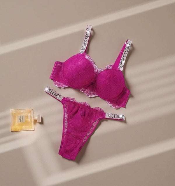 Victoria'S Secret Sexy Lace Trim Pattern Breathable Gathered Padded New Soft Bra and Panty Set Classic Women'S Lingerie Set