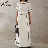 Oymimi Fashion White Cotton Two Piece Outfits Woman Elegant O-Neck Patchwork Short Sleeve Open Back Tops and Straight Skirts Set