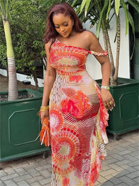 Colorful Print Dress Women Sexy Trend See through Rope Diagonal Collar Patchwork Stretch Beach Vacation Party Bodycon