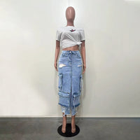 Mid Length Skirts Women Denim Skirt Hole Pockets a Line Slit Slim Y2K Streetwear Elegant Splice Y2K High Waist Summer 2025