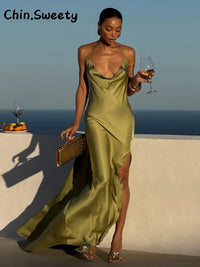 Sexy Women'S Solid Satin Backless Halter Long Dress Ribbon Sleeveless Slit Female Dresses 2026 Summer Lady Chic Evening Robes