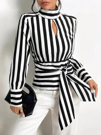 Fashion Baggy Stripes Women Blouse Elegant High Collar Long Sleeve Shirts and Blouses Vintage Girdle Lace-Up Top Women Clothes