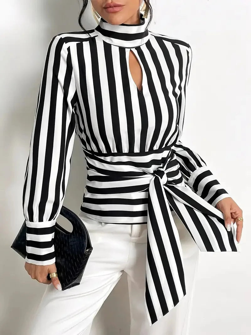 Fashion Baggy Stripes Women Blouse Elegant High Collar Long Sleeve Shirts and Blouses Vintage Girdle Lace-Up Top Women Clothes