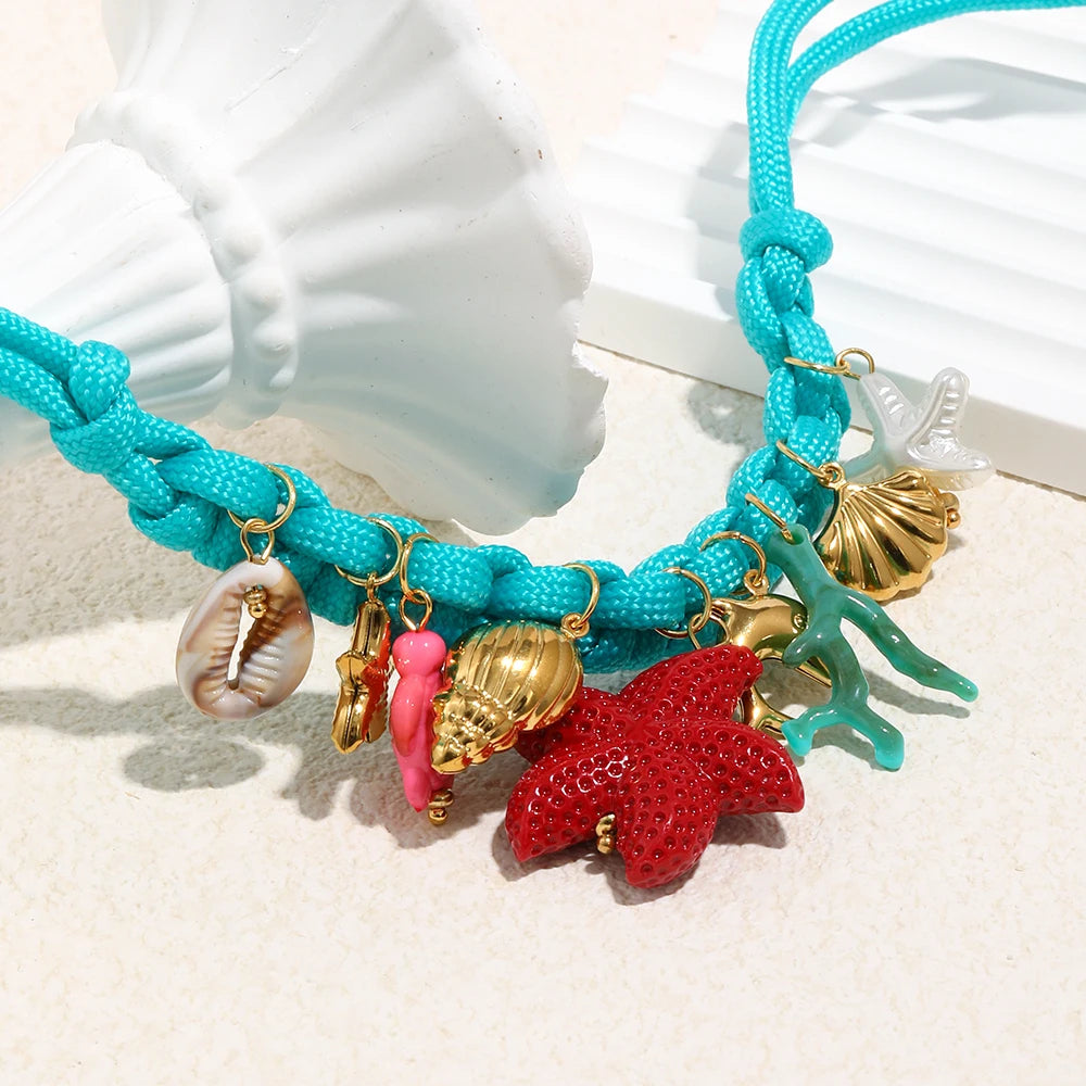 316L Stainless Steel Ocean Series Resin Braided Rope Bracelet Necklace 18K Gold Plated Waterproof Jewelry Set Gifts