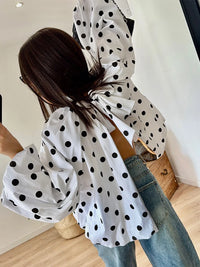 Loose Polka Dot Backless Women'S Shirt Lace up Pleated O-Neck Lantern Long Sleeve Blouses 2026 Spring Casual All-Matching Tops