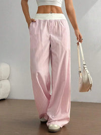 2026 Women'S Fashion Striped Wide-Leg Pants Elastic Waist Casual Daily Wear Stylish Soft Fabric Relaxed Fit Versatile Long Pants
