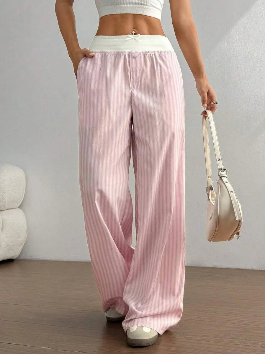 2026 Women'S Fashion Striped Wide-Leg Pants Elastic Waist Casual Daily Wear Stylish Soft Fabric Relaxed Fit Versatile Long Pants