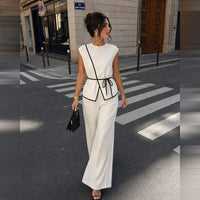 Women Matching Sets Summer Tie Waist Wide Leg Pants Suit Sleeveless Wrap Blazer Top Loose Straight Long Trousers Cozy Outfit