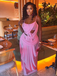 Sweet Ruched 2 Piece Set Woman Low-Neck Backless Camisole Tops+Elastic Waist Long Skirts Midnight Elegant Party Outfits