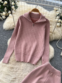 SINGREINY Women Fashion Simple Pants Suits Twist Drill Knit Zipper Sweater+Elastic Wide Leg Pants Autumn Knitted Casual 2Pcs Set