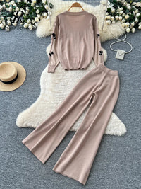 SINGREINY Female Autumn Knit Suits Bow Embroidery V Neck Cardigans+Elastic Wide Leg Pants 2026 Casual Daily Loungewear 2Pcs Sets